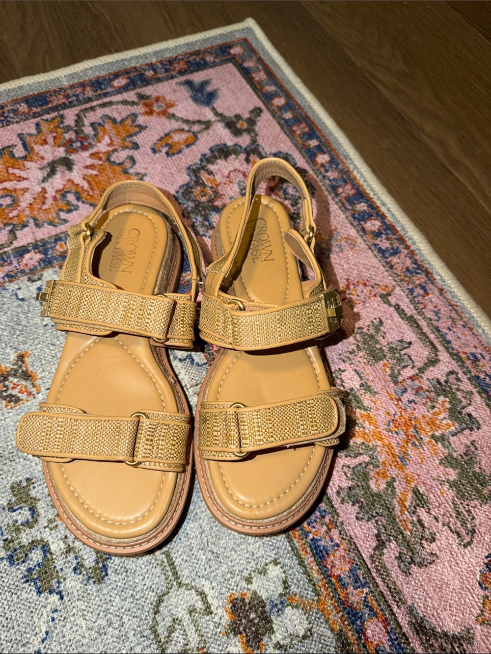 Crown Vintage women’s Tan rattan Leather Strap platform Sandals